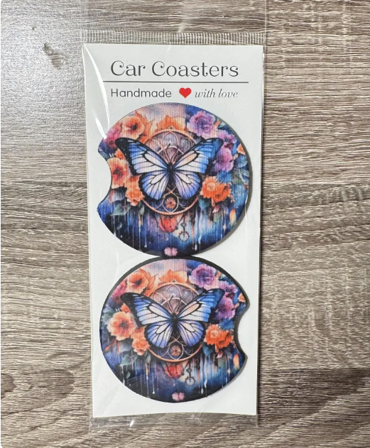Floral Butterfly Dream Catcher Car Coasters - Cute Car Coasters - Car Accessories - Cup Holder Coasters - Gifts for Her - Gifts Under 10