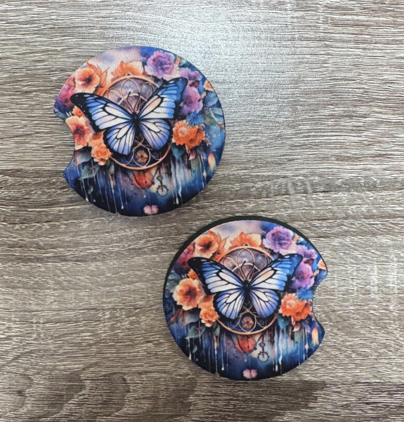 Floral Butterfly Dream Catcher Car Coasters - Cute Car Coasters - Car Accessories - Cup Holder Coasters - Gifts for Her - Gifts Under 10