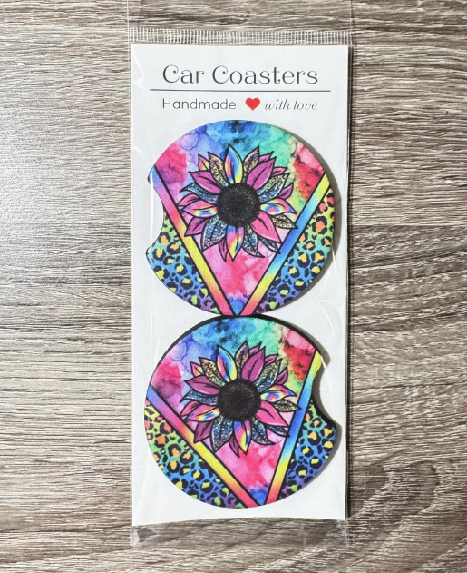 Rainbow Leopard Sunflower Car Coasters - Neon Sunflower Cute Car Coasters - Car Accessories - Gifts for Her - Gifts Under 10