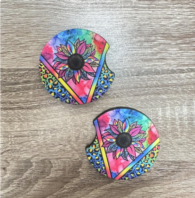 Rainbow Leopard Sunflower Car Coasters - Neon Sunflower Cute Car Coasters - Car Accessories - Gifts for Her - Gifts Under 10