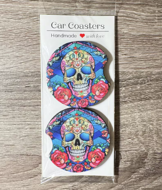 Colorful Stained Glass Skull Car Coasters - Cute Car Coasters - Car Accessories - Cup Holder Coasters - Gifts for Her - Gifts Under 10
