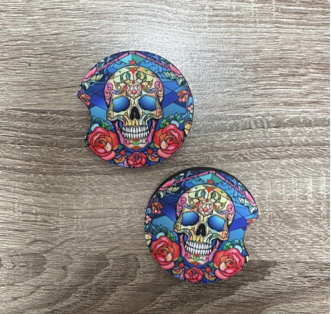 Colorful Stained Glass Skull Car Coasters - Cute Car Coasters - Car Accessories - Cup Holder Coasters - Gifts for Her - Gifts Under 10