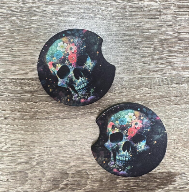 Floral Skull Car Coasters - Cute Car Coasters - Car Accessories - Cup Holder Coasters - Gifts for Her - Gifts Under 10
