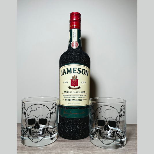 Decorative Black Glitter Jameson Bottle and Skull Rocks Glasses Display Set