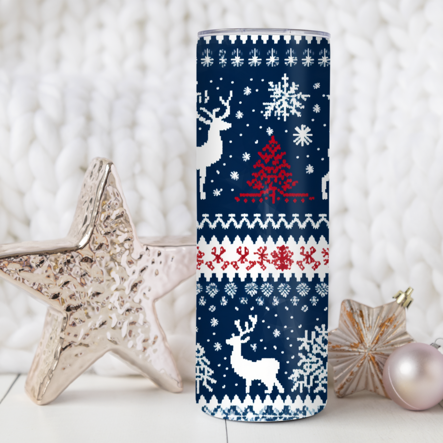 Blue Reindeer Ugly Sweater Christmas Tumbler