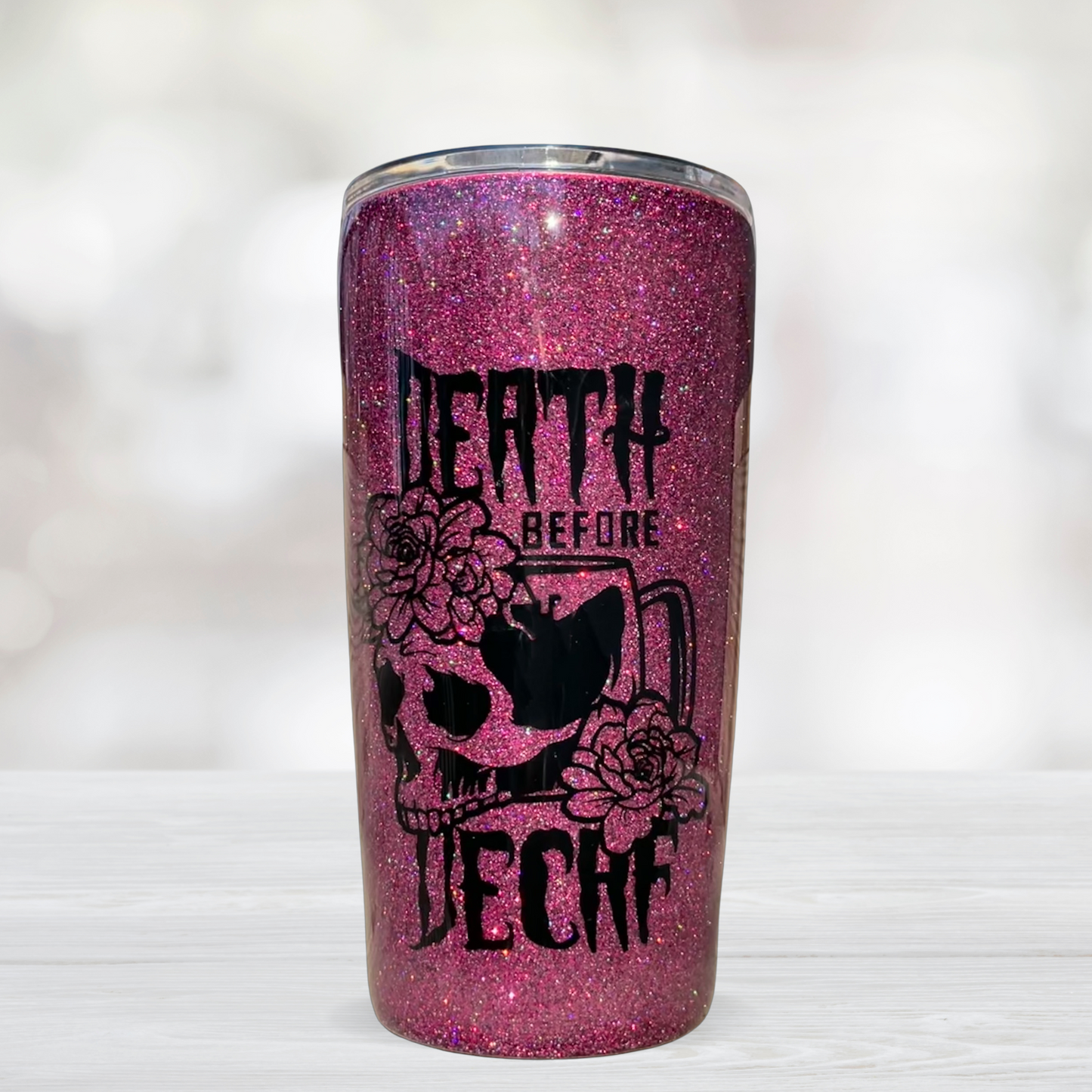 Death Before Decaf Goth Glam Pink Glitter Tumbler